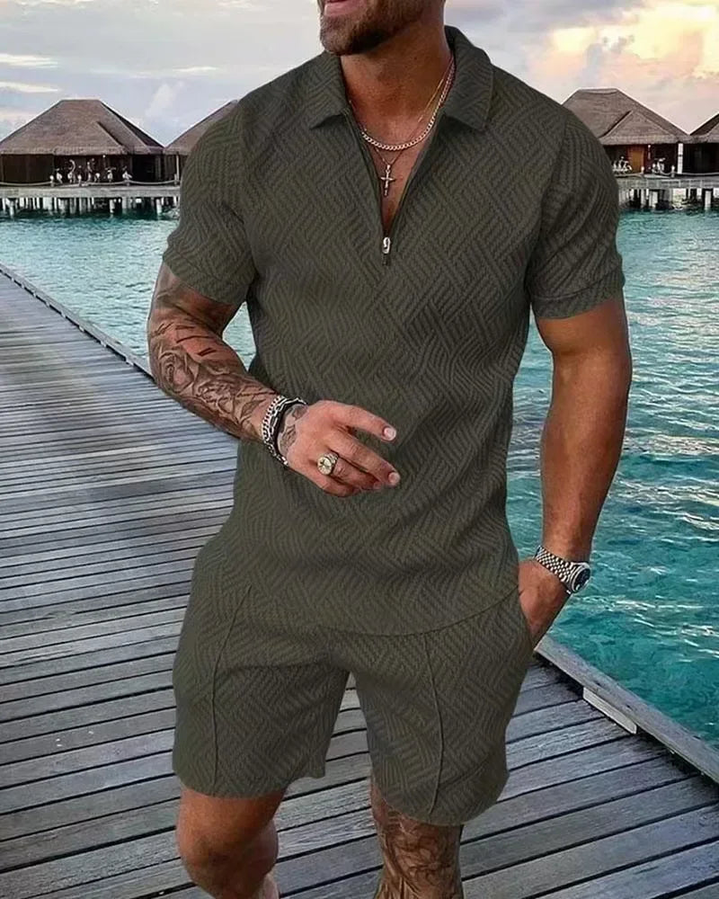 New 2025 Men's Polo Suit Fashion Men Sets Solid Summer V-neck Zipper Short Sleeve POLO Shirt+Shorts Two Pieces Men Casual Suit