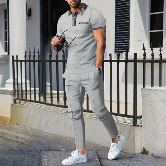 Conjunto de dos piezas de manga corta informal de talla grande para hombre, traje deportivo de calle cómodo con cuello tipo gofre y bolsillo, Color combinado